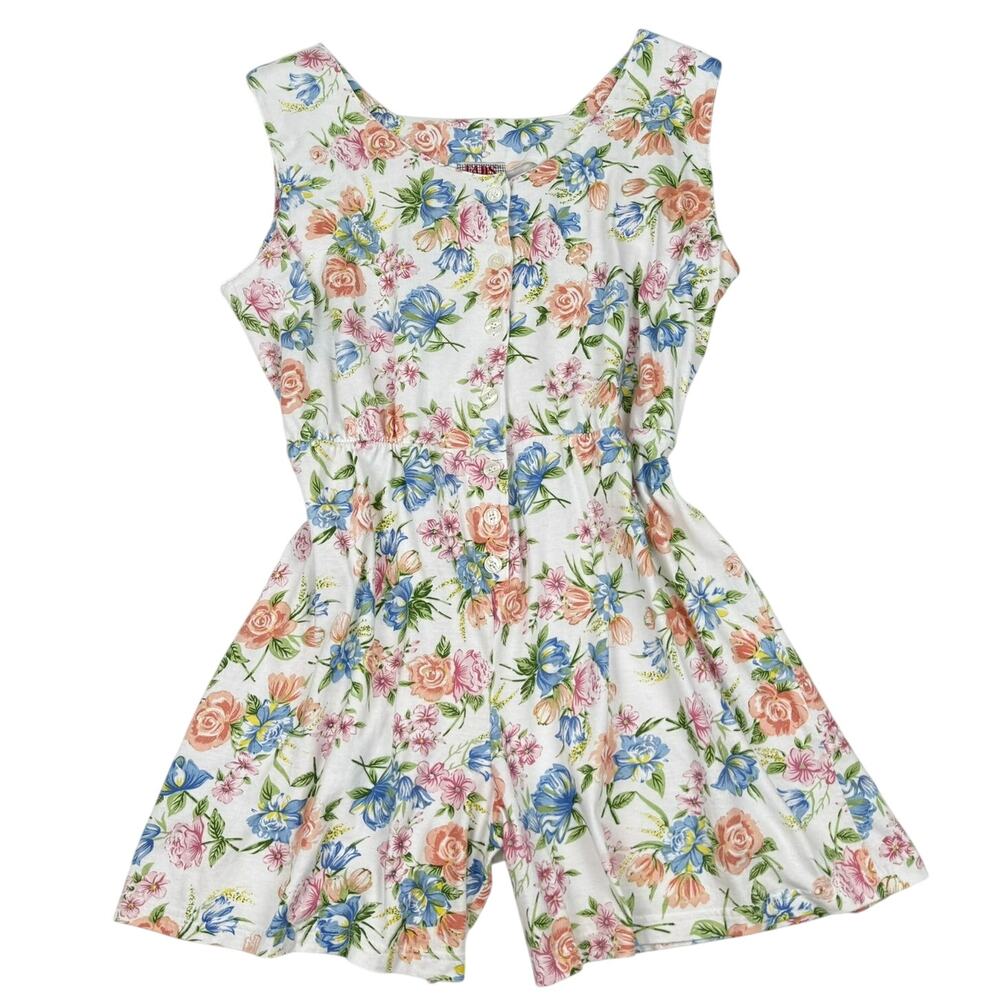 Vintage FADS Floral Cotton Romper Cottagecore 80s 90s Sleeveless Button Front